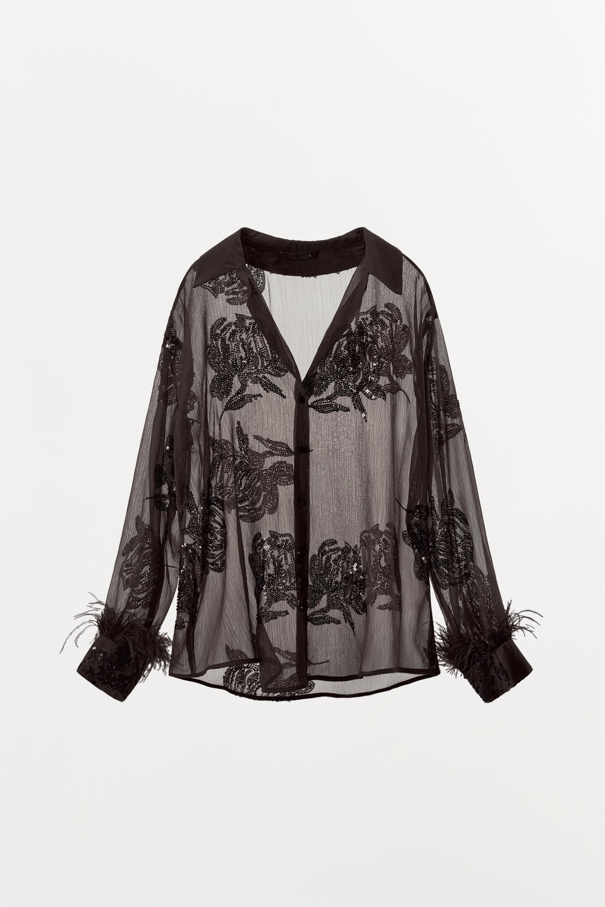 SEMI-SHEER SEQUIN FEATHER BLOUSE